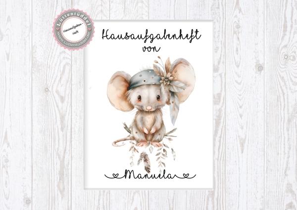 zuckersüßer Schulheft Umschlag Maus 1 Boho Style Hausaufgabenheft in seperater hochwertiger Hülle Einschulung Schulkind von Lüttentüddel®